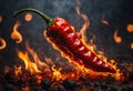 Red hot chilli peppers on fire burning. Generative AI
