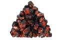 Red hot coal heap on white background isolated close up, orange burning coal stones pile, fossil fuel, smolder embers, bonfire