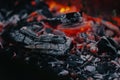 Red hot coals, lit a fire to cook a barbecue. Texture fire bonfire embers. Royalty Free Stock Photo