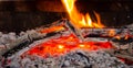 Red hot coals and live fire, flame. Burning firewood. . Royalty Free Stock Photo