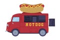 Red Hot Dog Food Truck as Equipped Motorized Vehicle for Cooking and Selling Street Food Vector Illustration