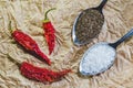 Red hot dried peppers, spoon with sea salt and a spoon with seeds of cumin on a crafting paper Royalty Free Stock Photo