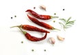 Red hot dry peppers, closeup on white background Royalty Free Stock Photo