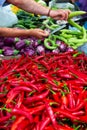Red hot fresh raw chili peppers, eggplants and zucchini Royalty Free Stock Photo