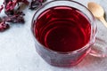 Red Hot Hibiscus Tea in a Glass Mug with Dry Hibiscus Tea Leaves Royalty Free Stock Photo