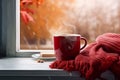 Red hot mug scarf window. Generate Ai