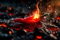 A red hot pepper on fire in a pile of lava, AI Royalty Free Stock Photo