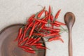 Red hot peppers scattered from the plate on the table. The peppers run away. Brown flat clay plate with chili.