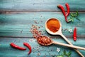 Spicy Cayenne and Serrnao Peppers with Seed and Powder over Rustic Background Royalty Free Stock Photo
