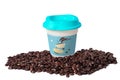 Hot Tall Coffee Take Away Cup and fresh coffee beans Royalty Free Stock Photo