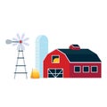 Red house barn with silo, windmill and pile of hay flat style vector illustration Royalty Free Stock Photo