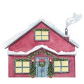 Red house decorated for Christmas. Watercolor hand drawn winter illustration with building