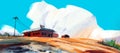 Red house in desert with sport car against blue sky and puffy clouds, digital illustration art painting design style.