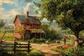 Red House in Farm Scene Painting, A rustic countryside farmhouse with a family picking fresh fruit from the orchard and playing Royalty Free Stock Photo