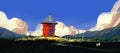 Red house on hill with meadow against blue sky and puffy clouds, digital illustration art painting design style.