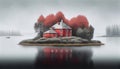 Red House An Island on a Forest Lake With Fogy Sky of Landscape Background AI Generative