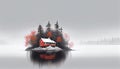 Red House An Island on a Forest Lake With Fogy Sky of Landscape Background AI Generative