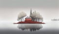 Red House An Island on a Forest Lake With Fogy Sky of Landscape Background AI Generative