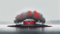 Red House An Island on a Forest Lake With Fogy Sky of Landscape Background AI Generative