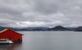 Red house by the long bridge of the thousand Island Lake in cloudy day, adobe rgb