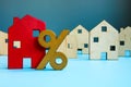 Red house model and percent sign. Refinance mortgage rates.