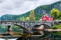 Red house near Steinsdalsfossen waterfall Royalty Free Stock Photo