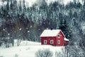 Red house with snowing in pine forest