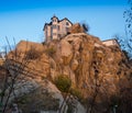 The Red House on top of the cliff on the edge of the water. Royalty Free Stock Photo