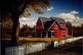 a red house with a white picket fence and trees in the background with clouds in the sky above it Royalty Free Stock Photo