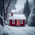 a red house in a wintery forest at night with an orange door and lit Royalty Free Stock Photo