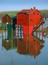 Red houses and flooding river Royalty Free Stock Photo