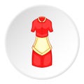 Red housewife dress with apron icon, cartoon style