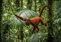 A red howler monkey (Alouatta seniculus) is navigating through a lush rainforest environment. Its Royalty Free Stock Photo