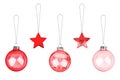 Red ÃÂ¡hristmas tree decorations set on white background isolated close up, glass balls & metal stars hanging on thread collection