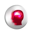 Red Human brain icon isolated on transparent background. Silver circle button. Royalty Free Stock Photo
