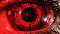 Red human eye with embedded cybernetic digital elements symbolizing the fusion of machine and human interface Royalty Free Stock Photo