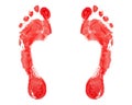 Red human footprint white background isolated closeup, bloody foot print pattern, barefoot footstep silhouette illustration, feet Royalty Free Stock Photo