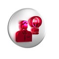 Red Human with lamp bulb icon isolated on transparent background. Concept of idea. Silver circle button. Royalty Free Stock Photo
