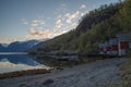 Red huts with panoramic view of fiord, Norway Royalty Free Stock Photo