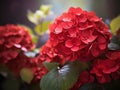 Red Hydrangea macrophylla flower in garden, stock photo