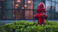 Red hydrant surrounded by green plants and urban setting Royalty Free Stock Photo