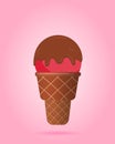 Red ice cream with chocolate topping in waffle cup, dairy product. Ice cream scoop image in flat style. Vector Royalty Free Stock Photo