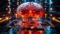 Red illuminated artificial intelligence brain in a futuristic data center symbolizing advanced AI risks, superintelligence threat