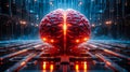 Red illuminated artificial intelligence brain in a futuristic data center symbolizing advanced AI risks superintelligence threat