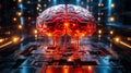 Red illuminated artificial intelligence brain in a futuristic data center symbolizing advanced AI risks superintelligence threat