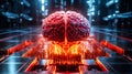 Red illuminated artificial intelligence brain in a futuristic data center symbolizing advanced AI risks superintelligence threat