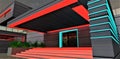 Red illuminated entrance to a stylish upscale night club. Aluminium facade finishing. Excellent place to spend the time with