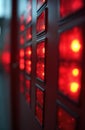 Red illuminated lights on a control panel signify an alert or warning. Modern electrical system shows security readiness. Royalty Free Stock Photo