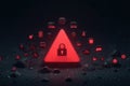 Red illuminated triangle warning with a padlock symbol and floating cybersecurity icons Royalty Free Stock Photo