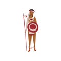 Red Indian guy holds spear and shield. Vector illustration.